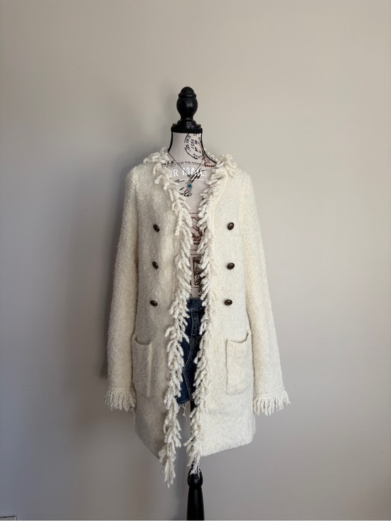 FDJ Sweaters - Y2K FDJ White Wool Blend Whimsy Shaggy Fringe Open Front Sweater Coatigan
